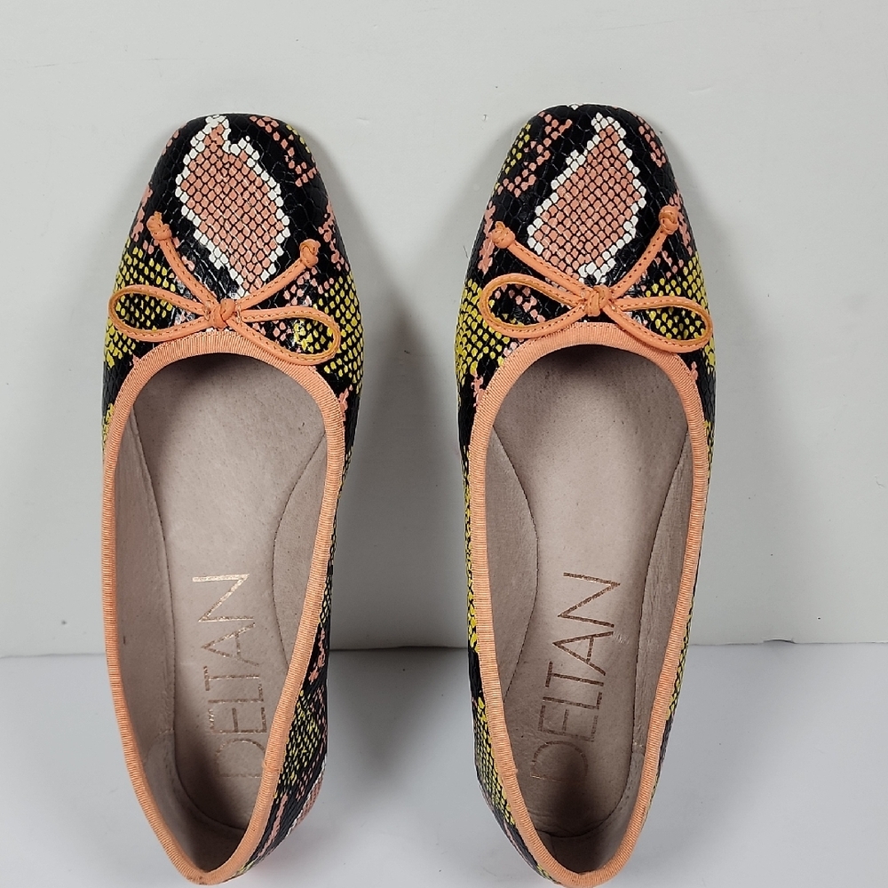 Deltan Women's Black Orange Snake Print Ballet Flats Shoes Size 5.5M